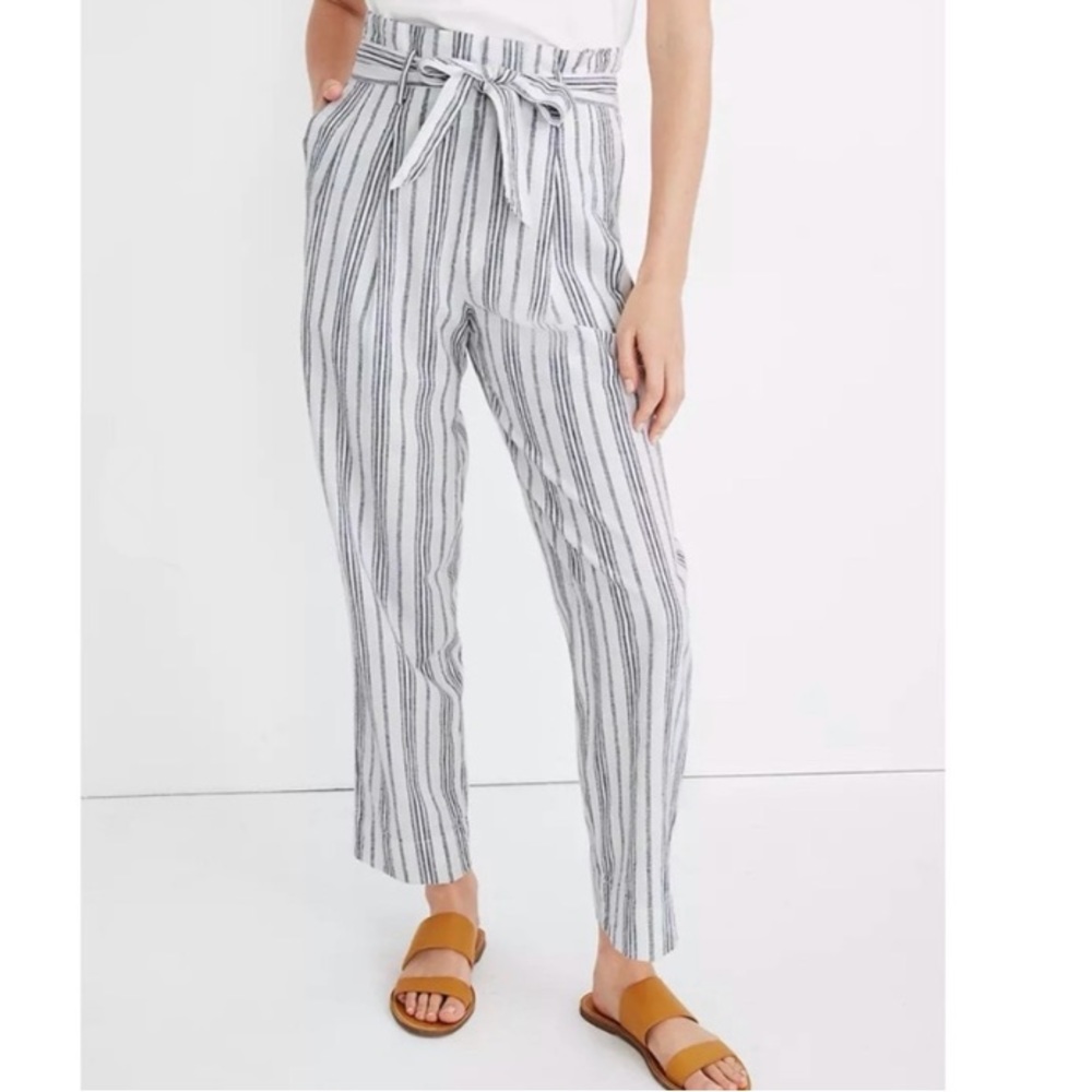 Madewell Linen Cotton Paperbag Pants in Dark Baltic Striped High waist